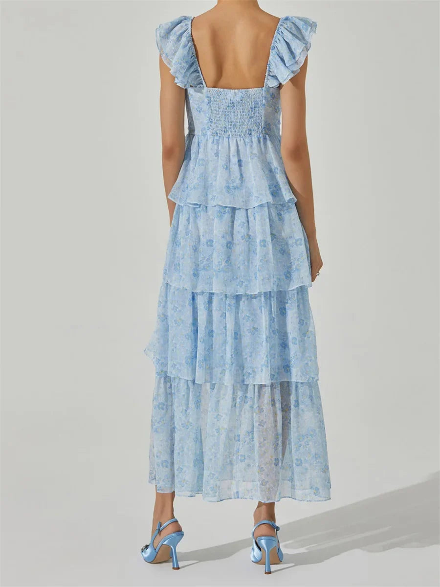 Floral Print Multi-Layered Tiered Ruffles Maxi Dress