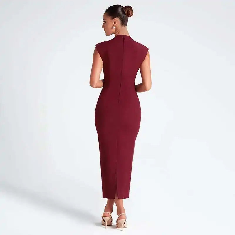 Deep Neck Short Sleeve Solid Midi Dress