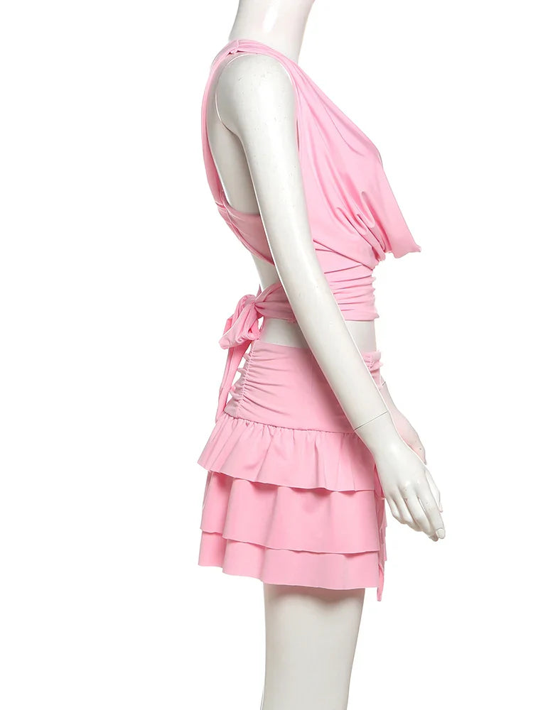 Deep Neck Back Tie Up Crop Top And Frill Mini Skirt Set