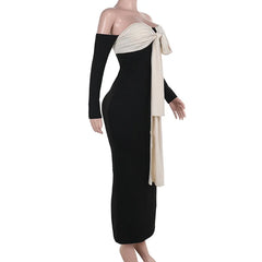 Black Patchwork Tie Up Off-shoulder Maxi Dress