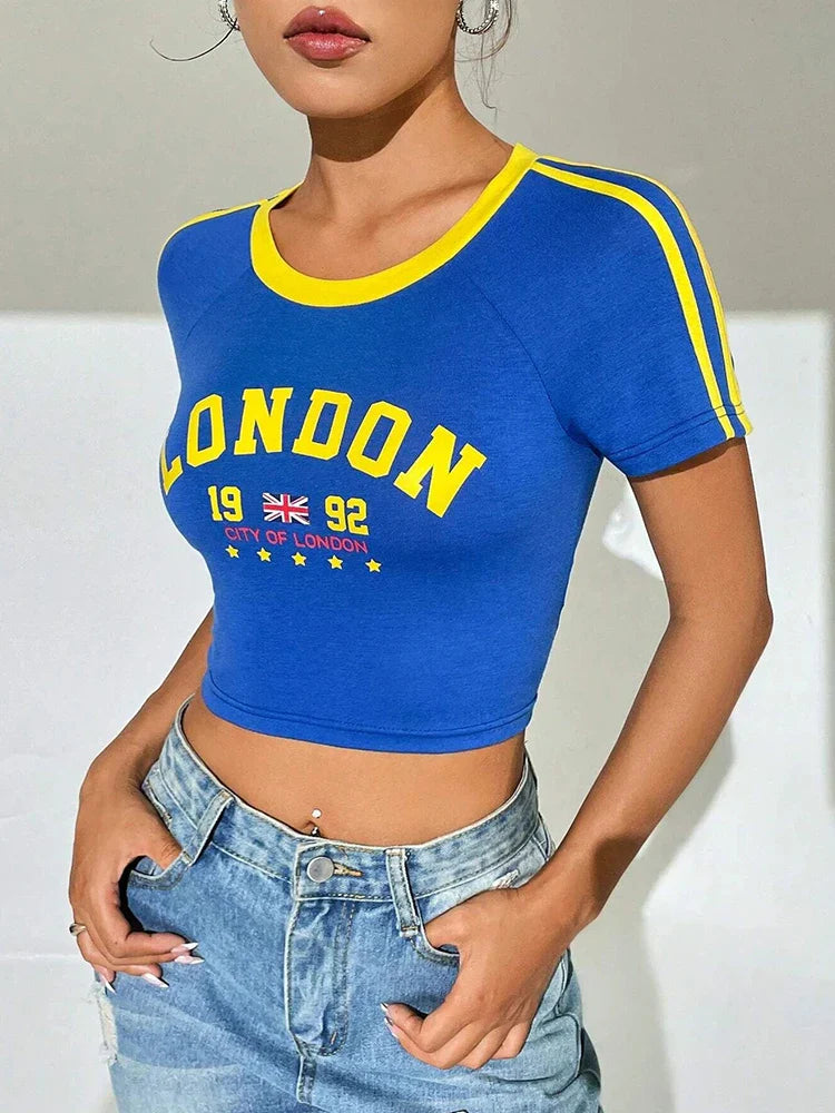 Blue London Letter Printed Crop Graphic T-shirt - Casual Regular Fit