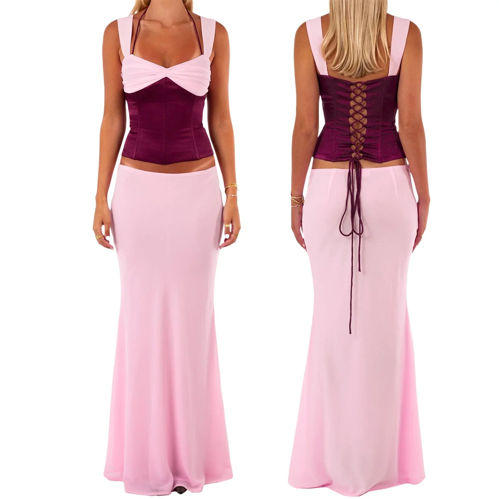 Floral Lace-up Corset Top & Mermaid Skirt Set - High Street Style