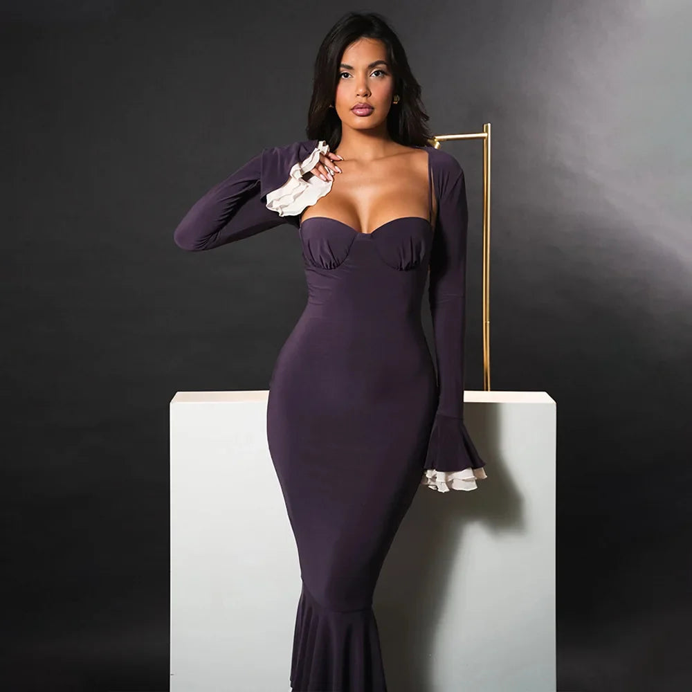 Solid Long Flared Two-piece Crop Sleeve Midi Dress