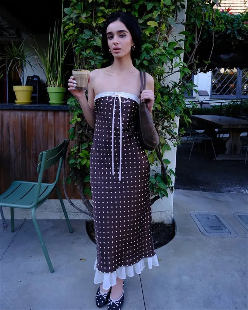 Brown Satin Polka Dot Strapless Midi Dress