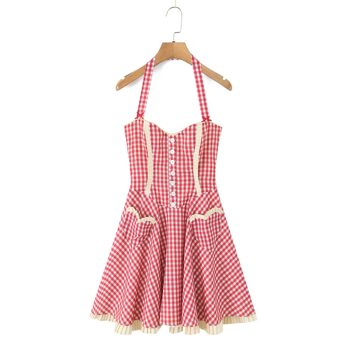 Red Plaid Print Heart Shaped Pocket Halter Mini Dress