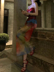 Colorful Print Mesh Maxi Dress