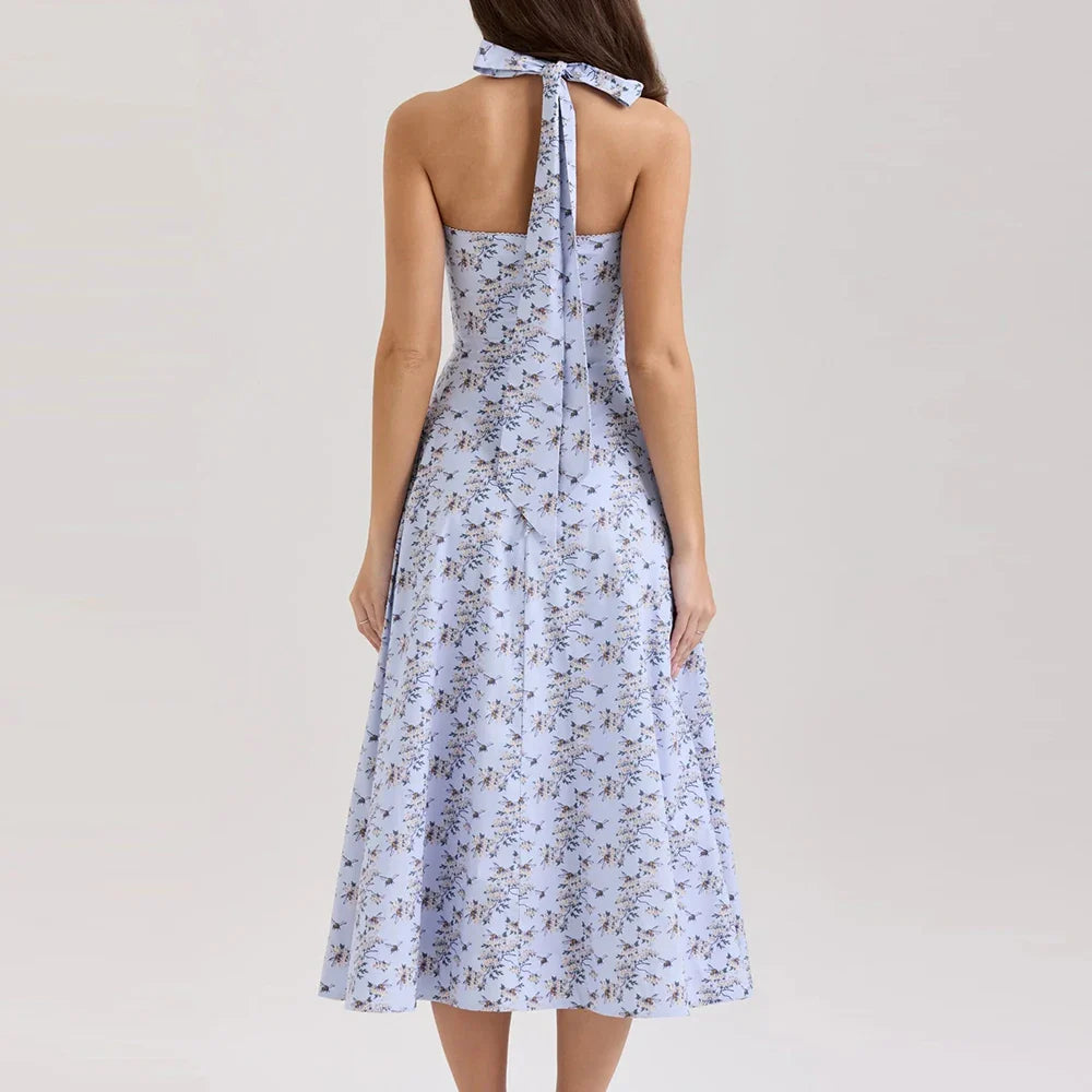 Printed Halter Flare Midi Dress