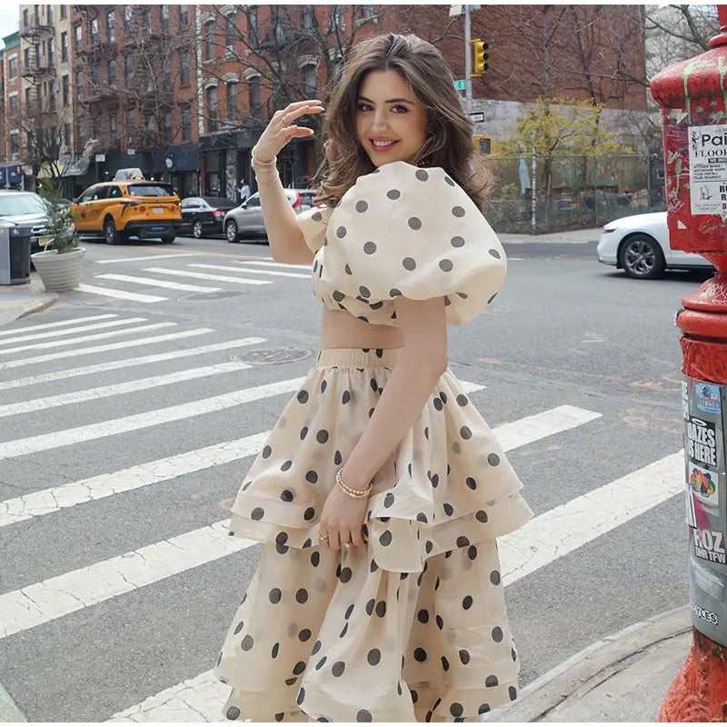 Polka Dot Bubble Sleeve Top And Ruffles Maxi Skirt Set
