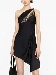 Black One Shoulder Lace Asymmetric Mini Dress