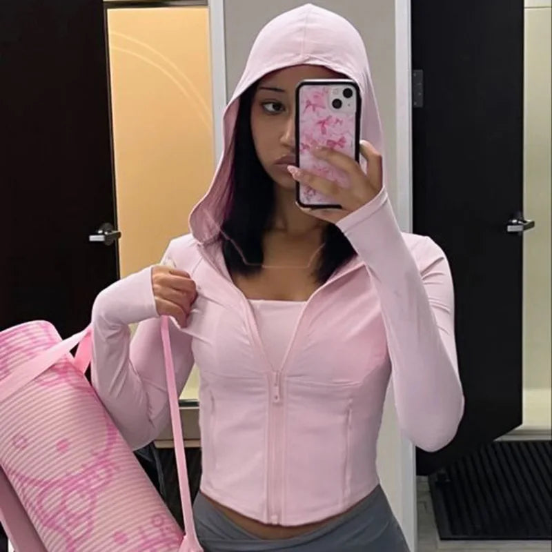 Solid Zipper Hoodie Sports Yoga Top