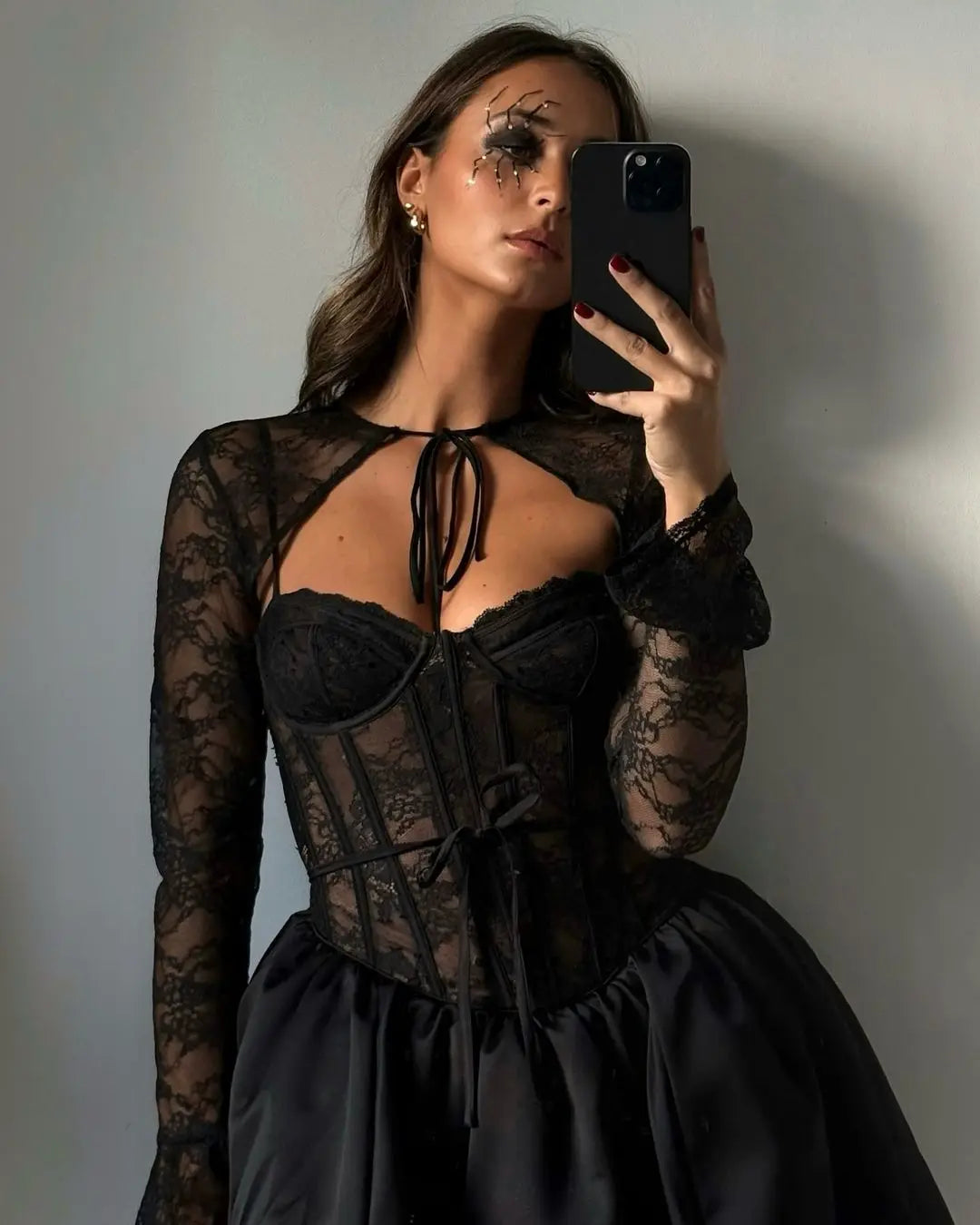 Black Lace Removable Sleeve Puff Mini Dress
