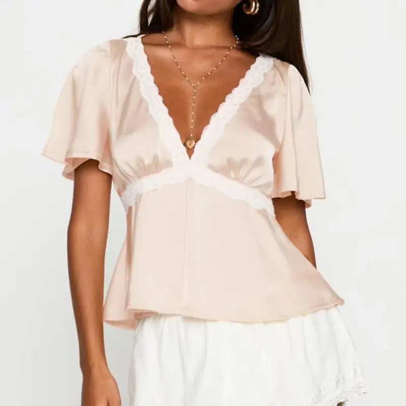 Lace Trim Flare Sleeve Top - High Street Chic