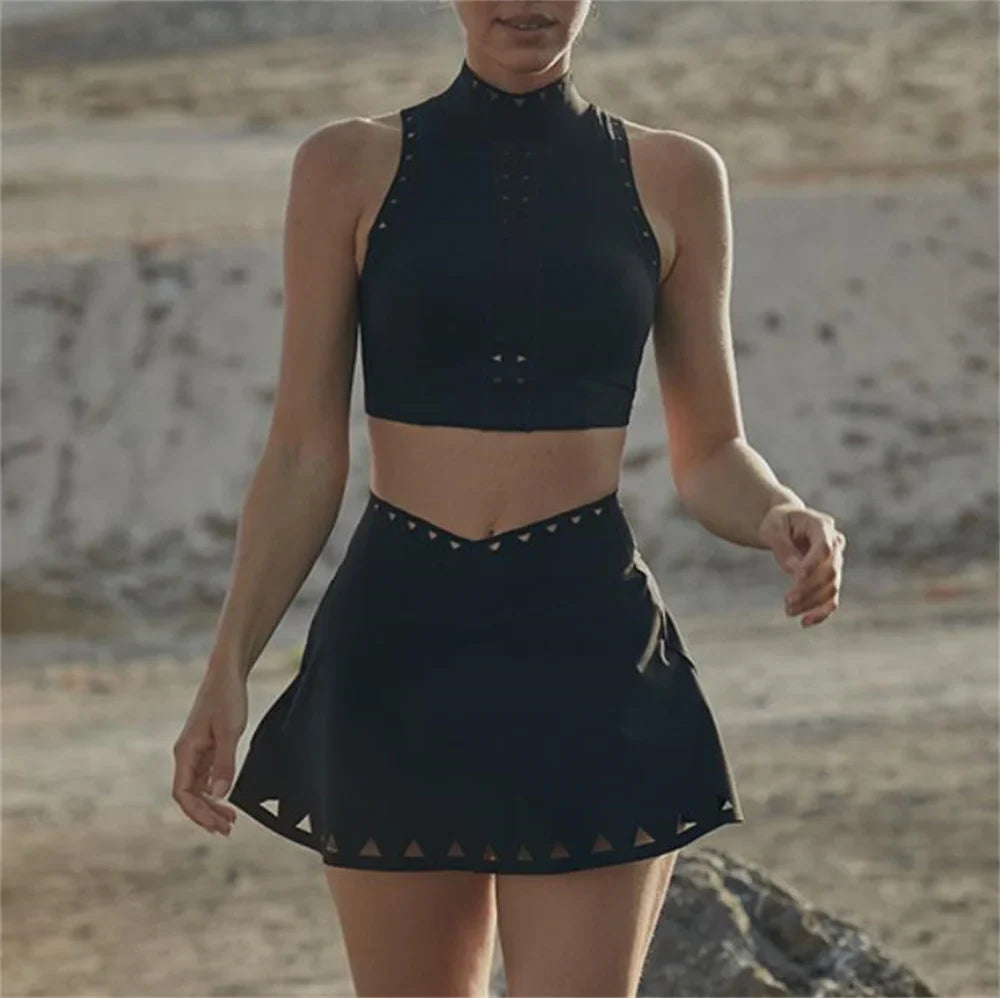 Crop High Neck Top And Mini Skirt Set