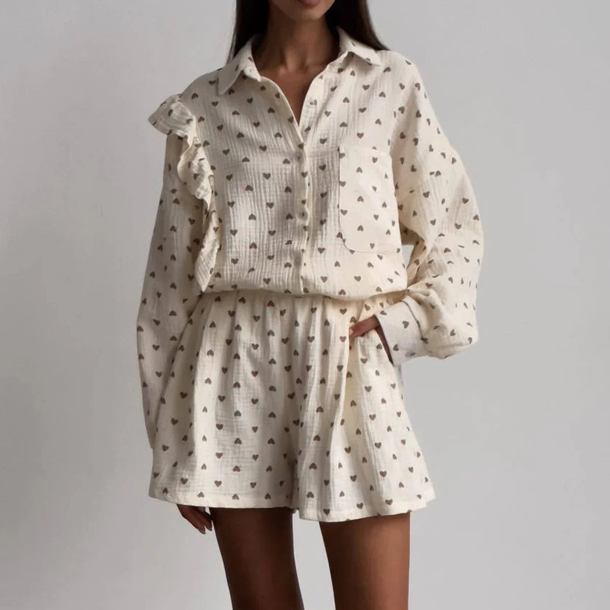 White Linen Printed Shirt And Shorts Set