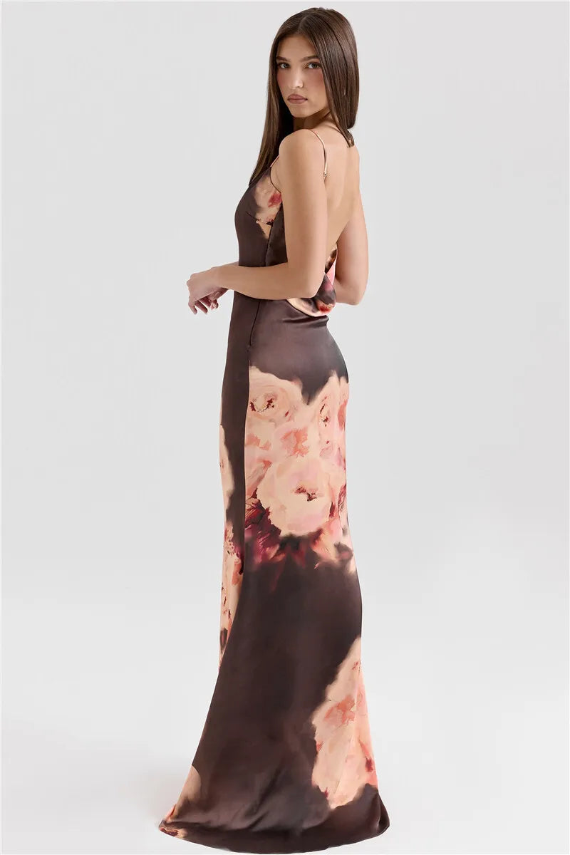Brown Satin Floral Print Maxi Dress