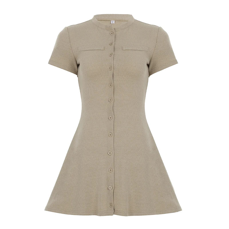 Knitted Short Sleeve Button A-Line Mini Dress