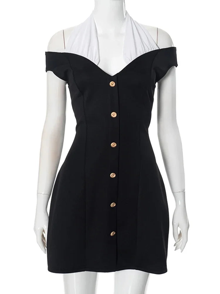 Black Off-Shoulder Contrast Halter Buttoned Mini Dress