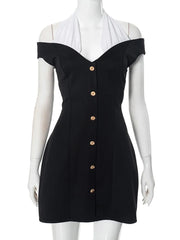 Black Off-Shoulder Contrast Halter Buttoned Mini Dress