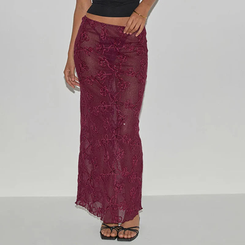 Red Sequin Sheer Maxi Skirt And Halter Crop Top Set