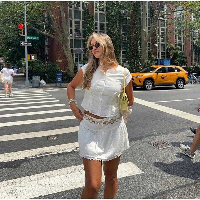 White Short Sleeve Top And Mini Skirt Set