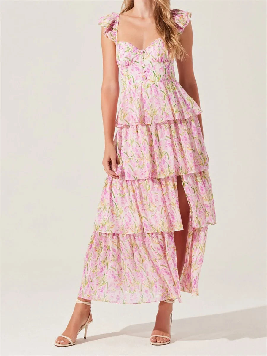 Floral Print Multi-Layered Tiered Ruffles Maxi Dress