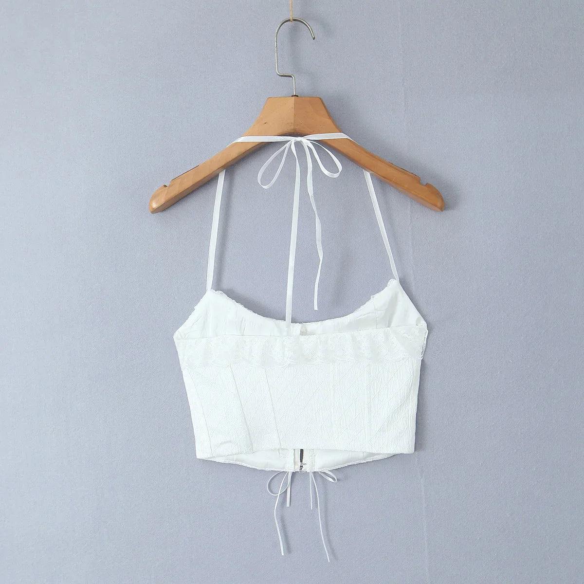 White Frill Hook Halter Tie Crop Top