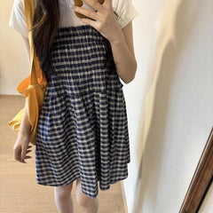 Blue Elastic High Waist Plaid Skirt - Casual A-Line