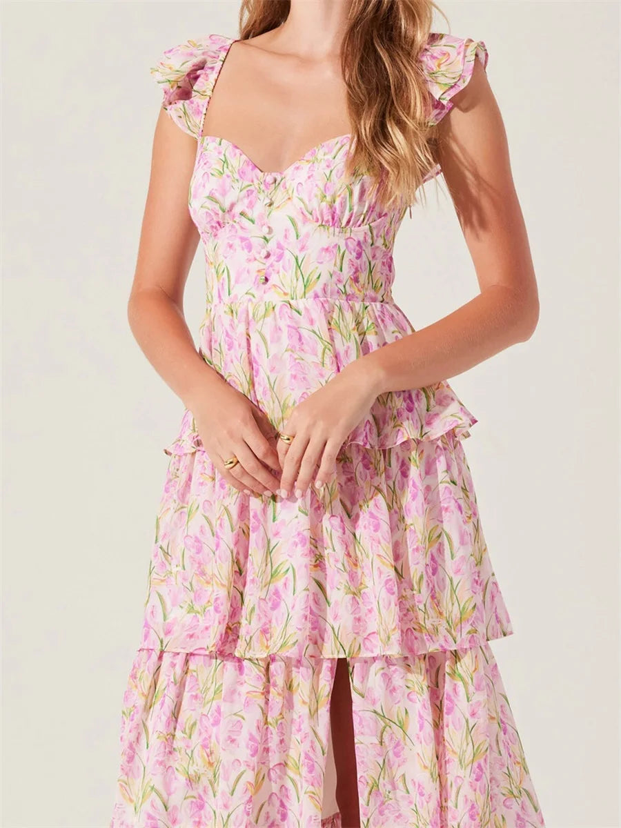 Floral Print Multi-Layered Tiered Ruffles Maxi Dress