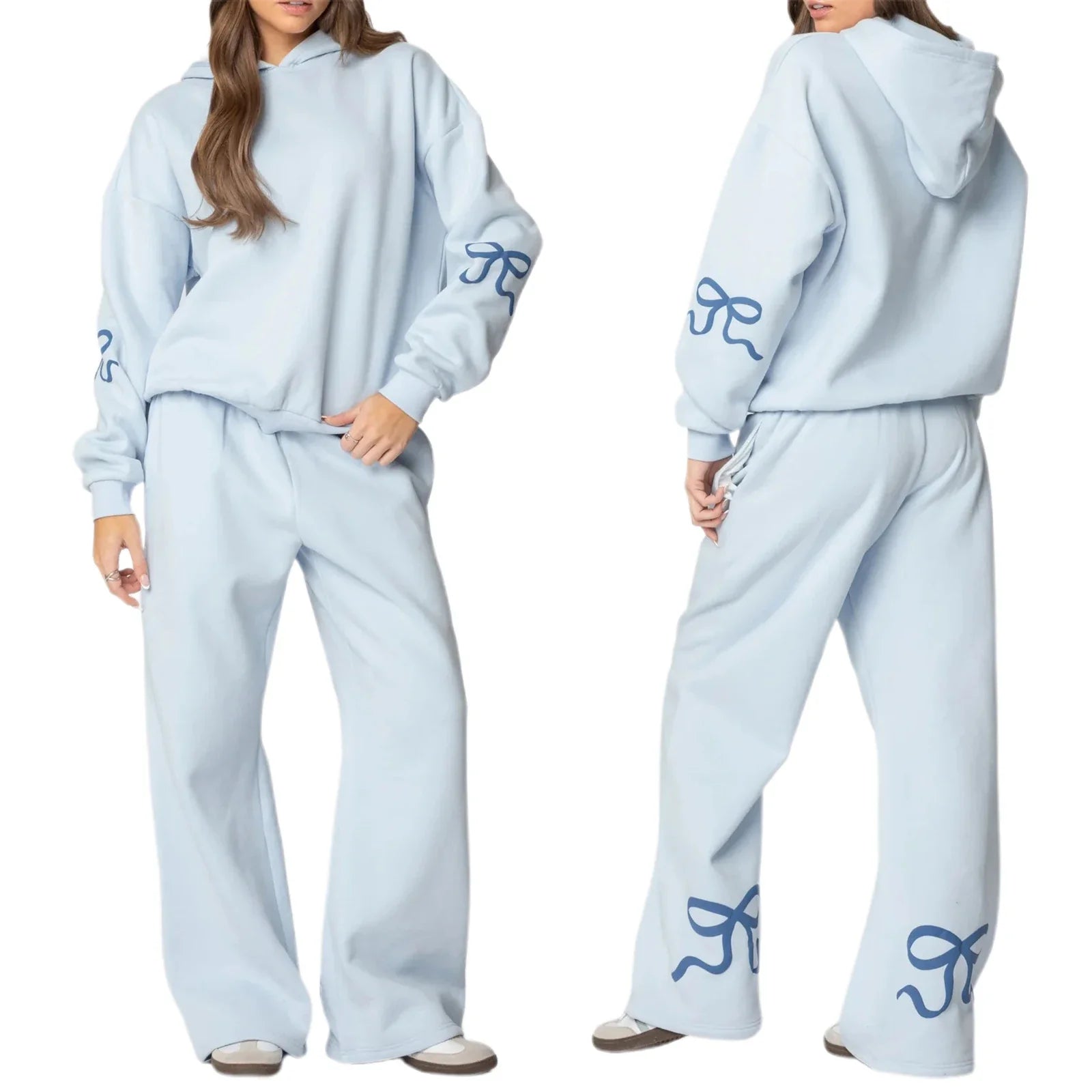 Bow Print Loose Fit Hoodie & Tracksuit Set - Women's Basics