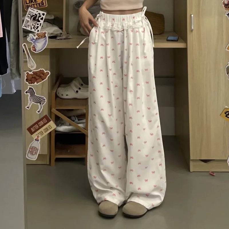 Bow Printed Wide Leg Pants