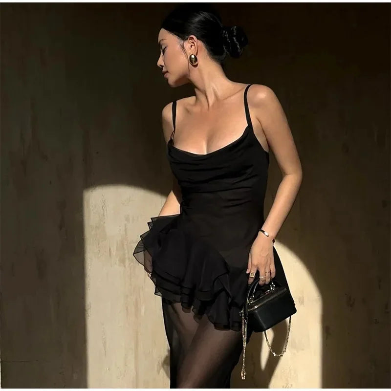 Black Mesh Frill Cami Top And Maxi Skirt Set