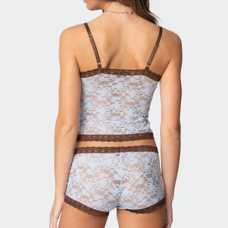 Blue Lace Strappy Sheer Cami Top And Shorts Set
