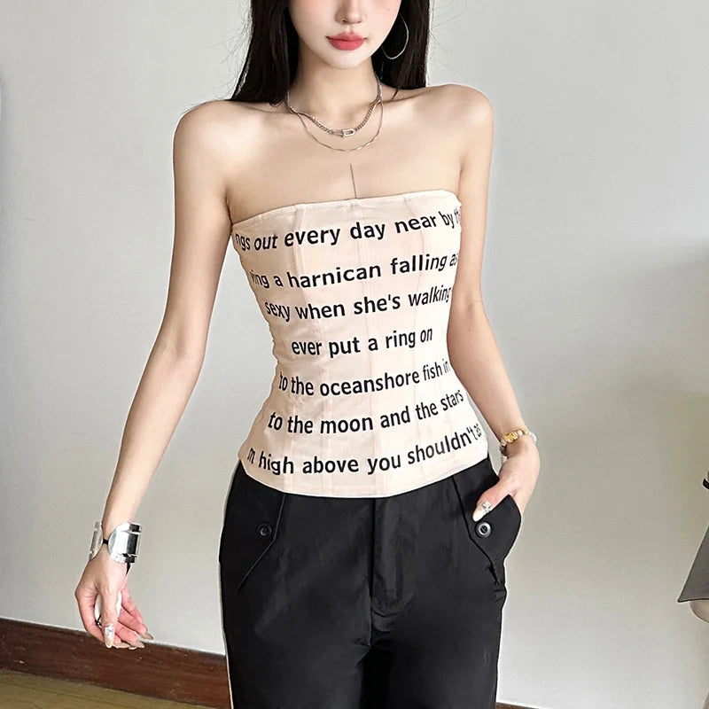 Letter Printed Mesh Tube Top - Backless Streetwear Tank