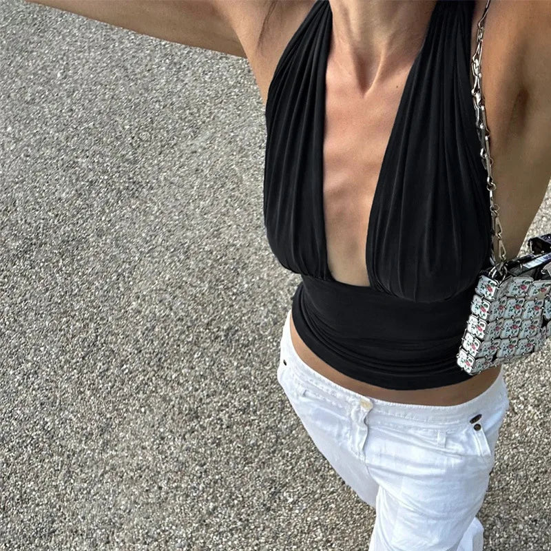 Deep Neck Halter Crop Top â€?Backless & Bold Fit