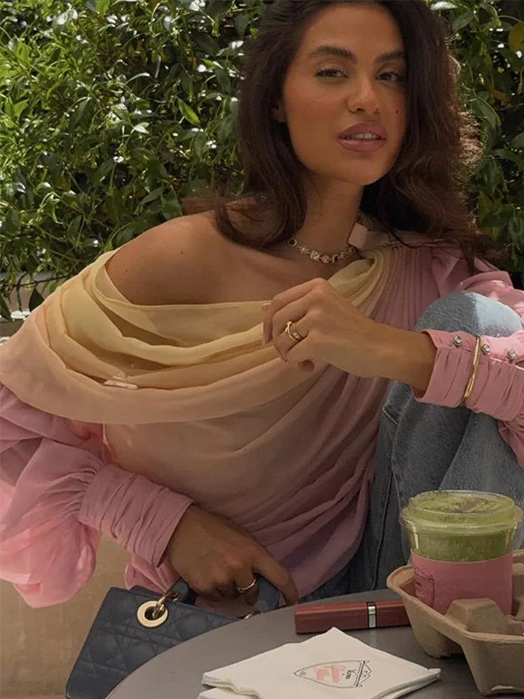 Ombré One Shoulder Long Sleeve Top