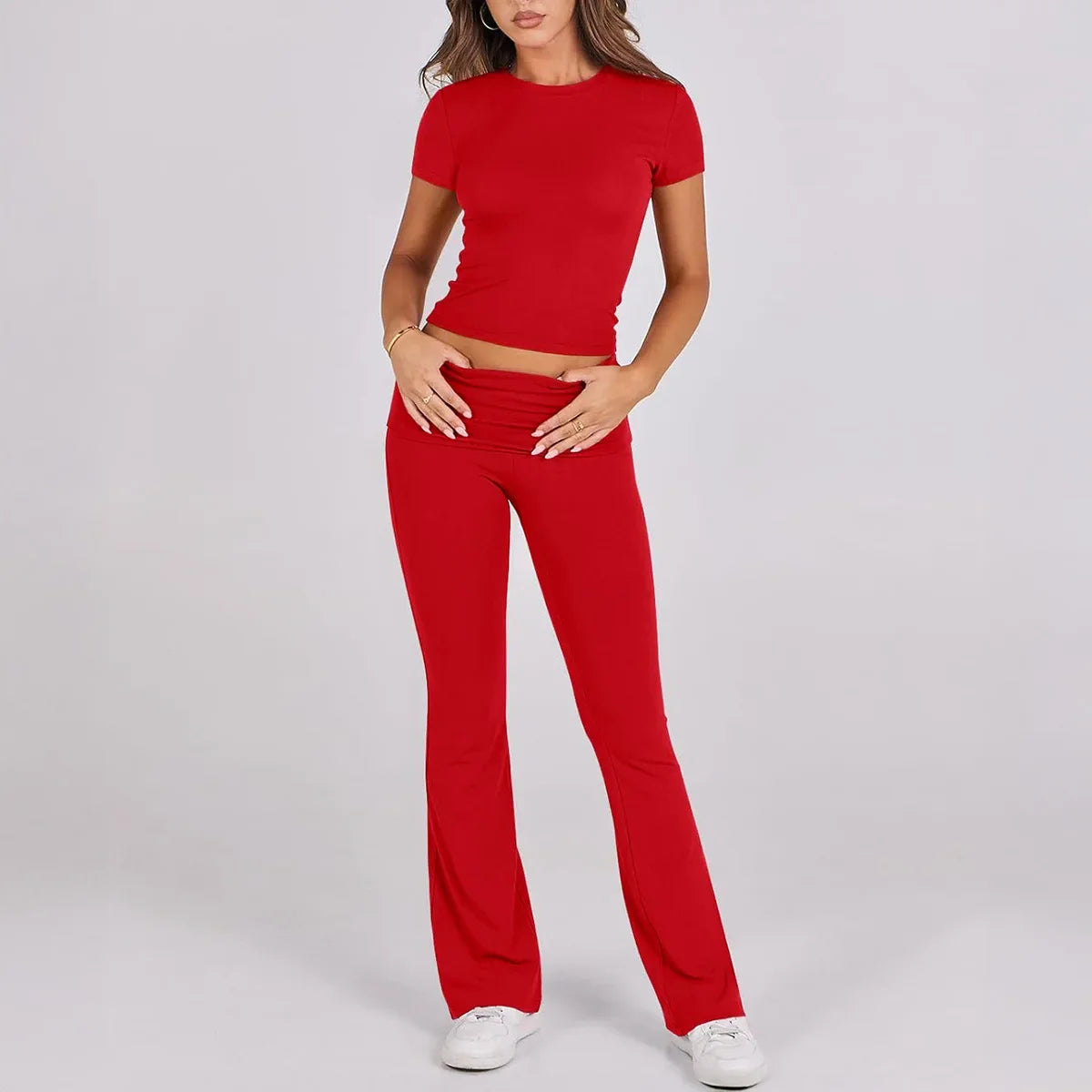 Slim Fit Two Piece Short Sleeve Top & Pant Set - Athleisure Workout Style