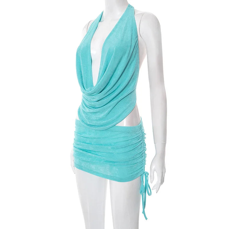 Blue Deep Neck Cowl Neck Crop Top And Rucked Drawstring Skirt Set