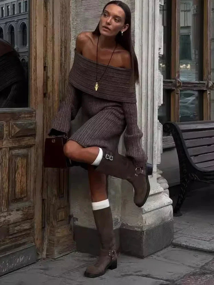 Off-Shoulder Long Sleeve Knitted Top