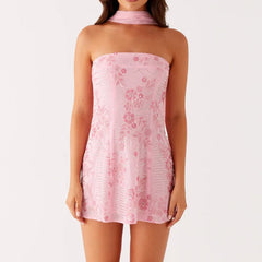 Sequin Strapless Mini Dress with Scarf