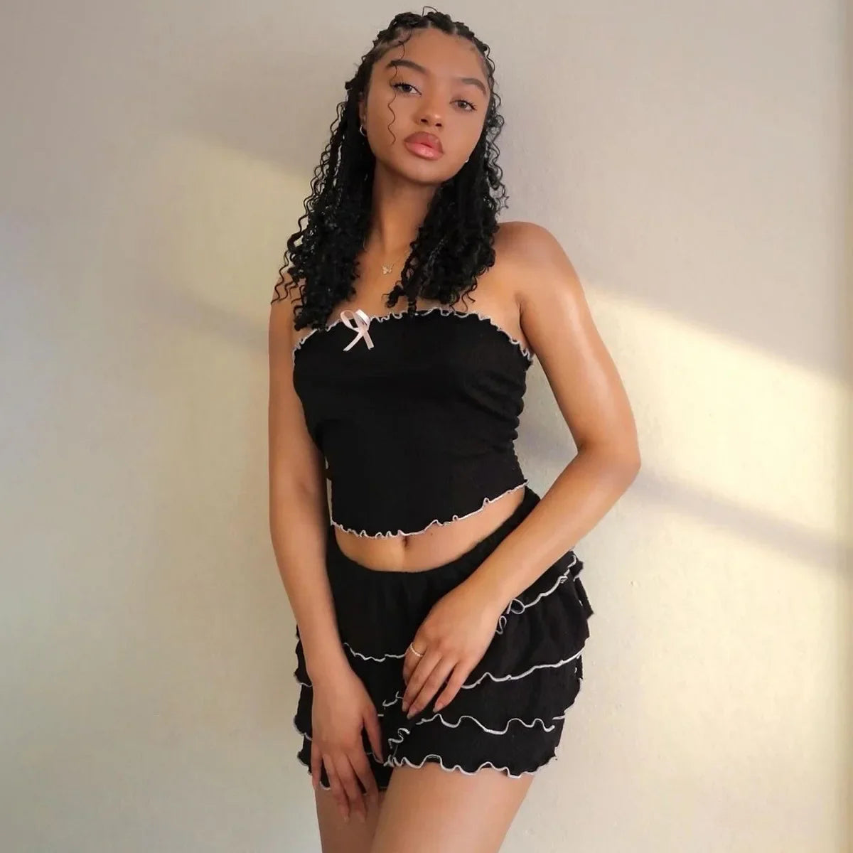 Black Bow Crop Top Ruffled Mini Skirt Set
