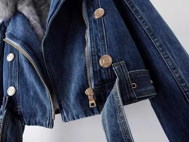Faux Fur Collar Lining Denim Jacket