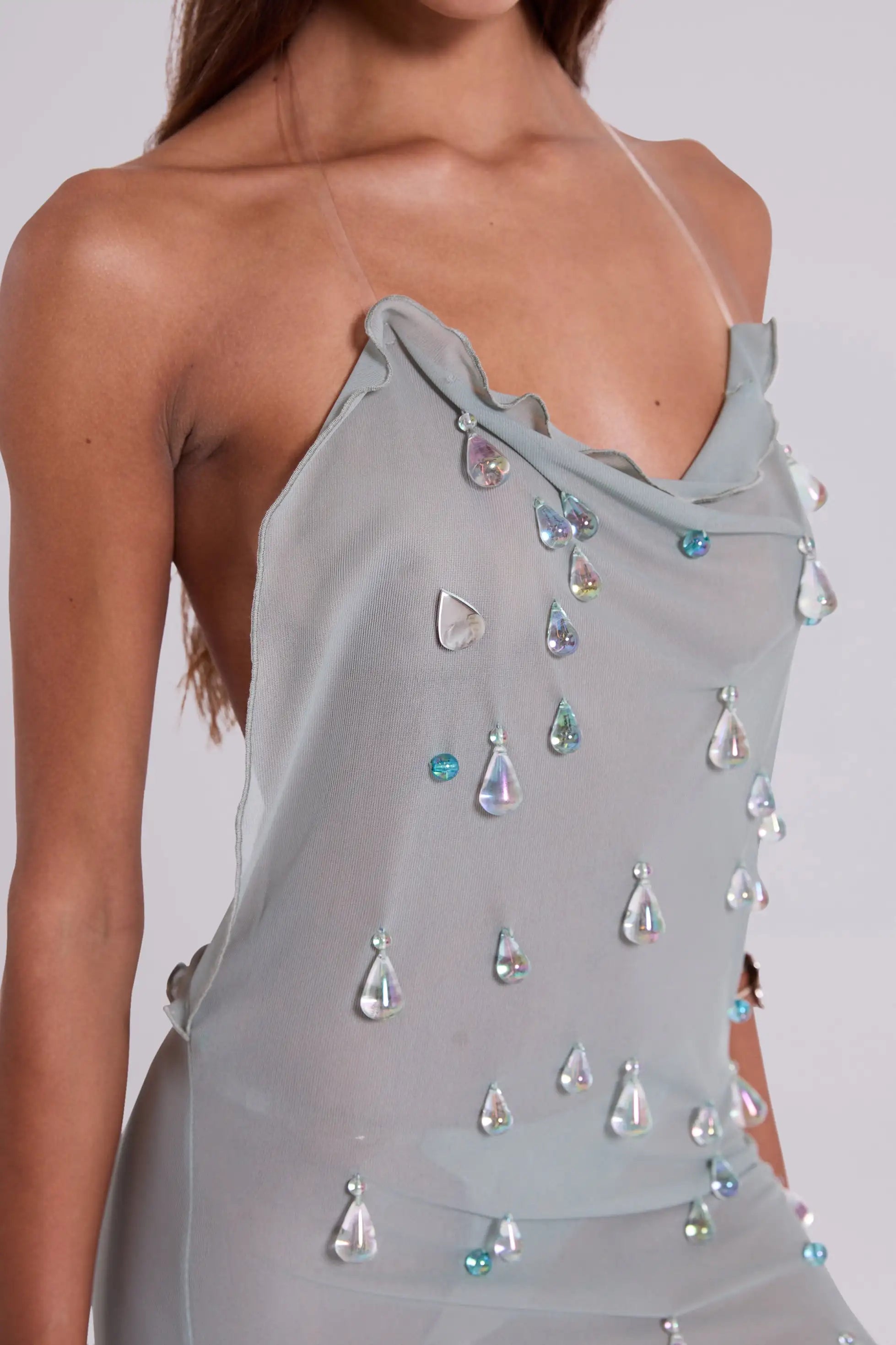 Droplet Beaded Sheer Cowl Neck Mini Dress and Bikini