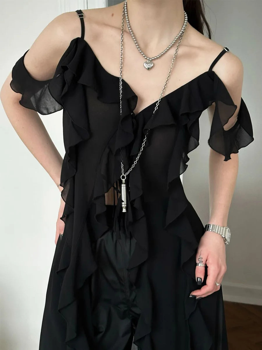 Ruffled Fringe Strap V-Neck Long Top