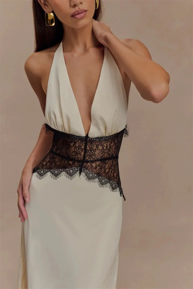 Lace Patchwork Halter Satin Maxi Dress