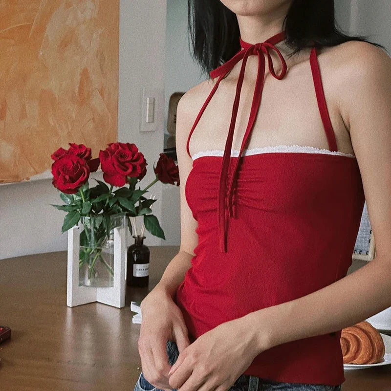 Red Lace Tie Up String Top