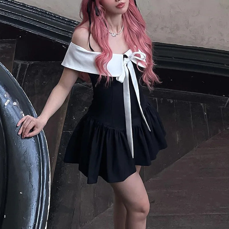 Bow Lace-up Black Off Shoulder Mini Dress