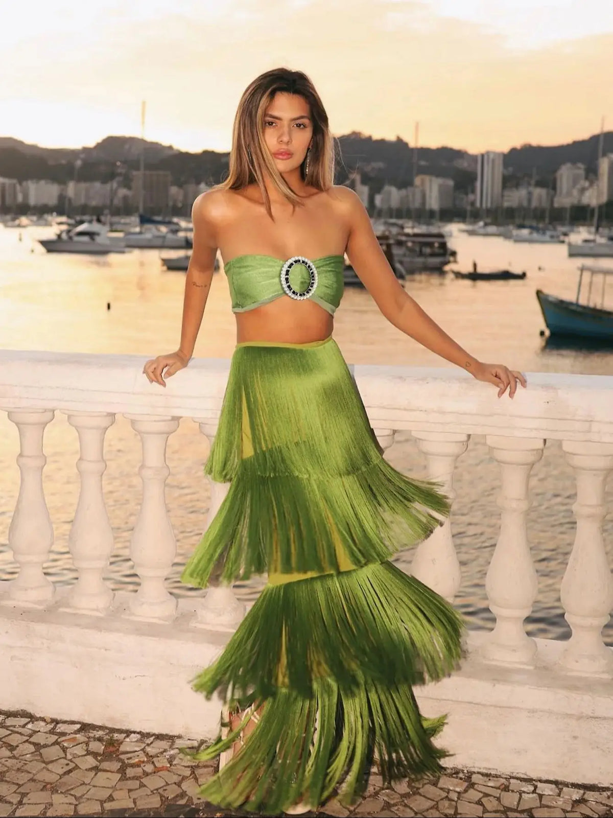 Green Tassel Bralette Set â€?Layered Maxi Skirt