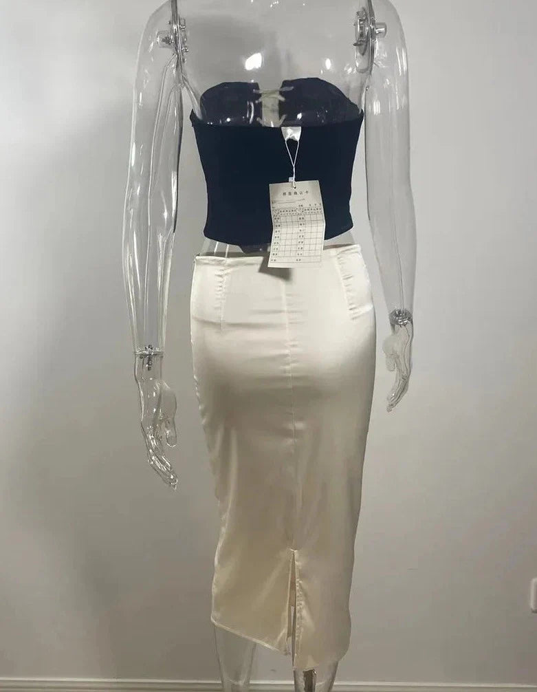 Black Lace Up Corset Top And White Satin Midi Skirt Set