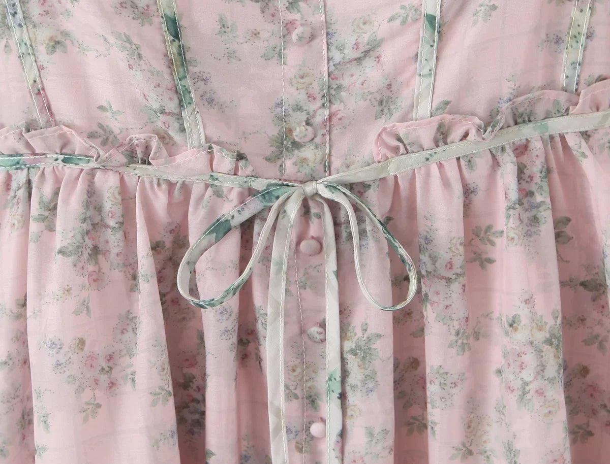 Two Tone Floral Print Puff Sleeve Midi Dress