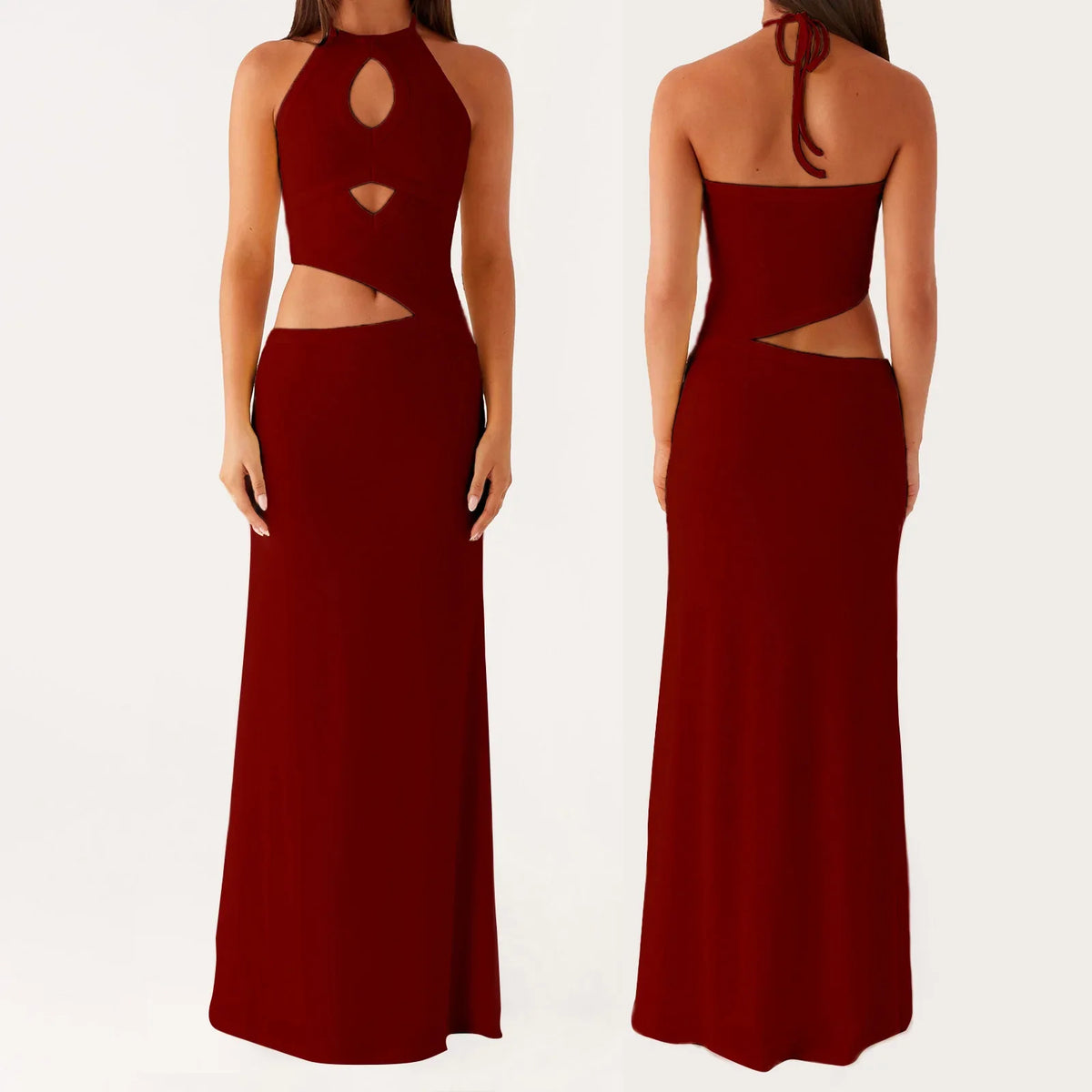Cutout Solid Long Dress - Halter Neck A-Line